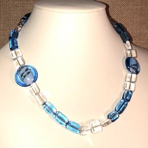 Blue Glass Bead Necklace with Two Earrings Set